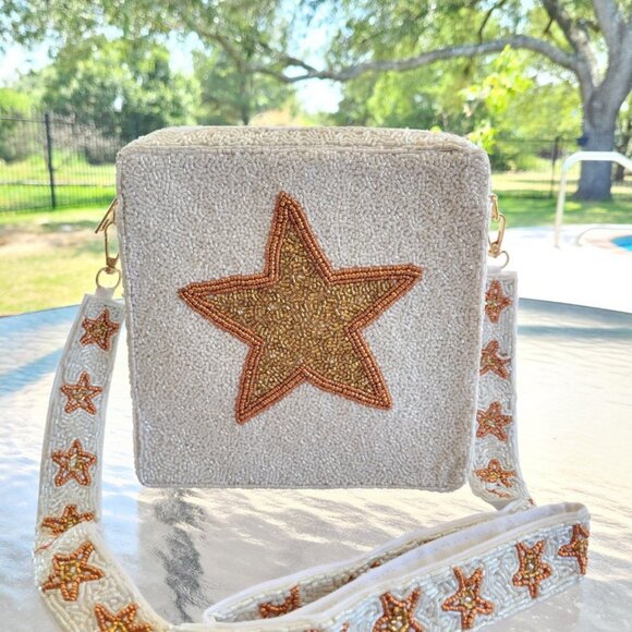 Gold Sparkle Star Seed Beaded Crossbody Box Bag with Star Strap Western Boho NEW - Picture 6 of 8